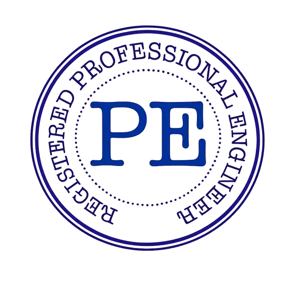 Registered Professional Engineer (PE) seal representing licensed engineering credentials, technical expertise, and professional engineering standards.