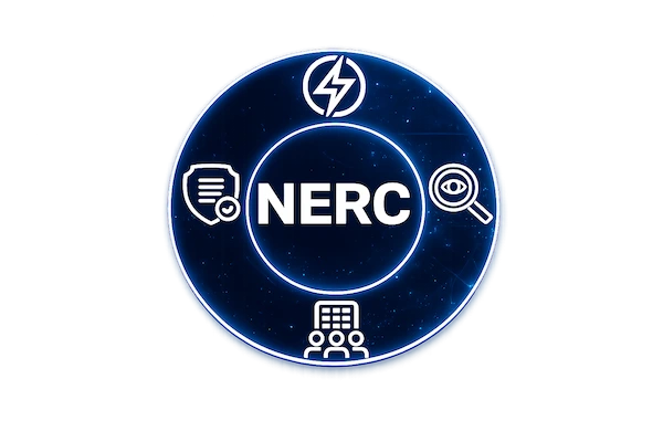 NERC-Aware Practice logo featuring a shield, transmission tower, and lightning bolt symbolizing power system reliability, compliance awareness, and utility engineering standards.