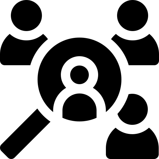 Icon of a magnifying glass focusing on a user profile surrounded by multiple people, representing audience research, customer targeting, user identification, recruitment, or market analysis.