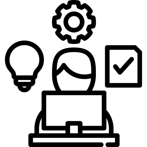 Illustration of a person working on a laptop with a light bulb, gear, and checklist icons above and beside them, representing productivity, problem-solving, project management, and remote work.